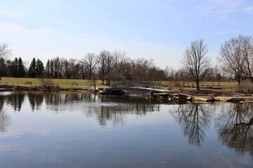The wood bridge in the park on a sunny winter day.