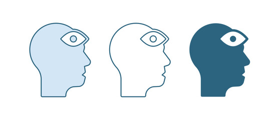 Blue Man with third eye icon isolated on white background. The concept of meditation, vision of energy, aura. Vector