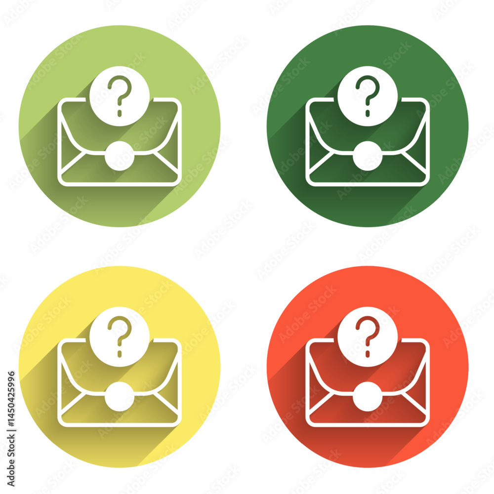 Poster set envelope with question mark icon isolated with long shadow background. letter with question mark