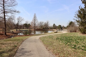 The empty footpath in the park on a sunny day.