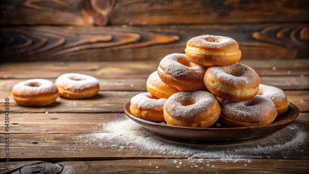 Poster a stack of freshly baked, sugar-dusted donuts on a rustic wooden table with powdered sugar scatterin