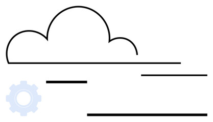 Outline of a cloud above horizontal lines with a gear representing connectivity, storage, or technology. Ideal for technology, IT systems, cloud computing, networking, innovation, data management