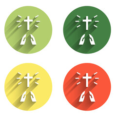 Obraz premium Set Hands in praying position icon isolated with long shadow background. Prayer to god with faith and hope. Color circle button. Vector