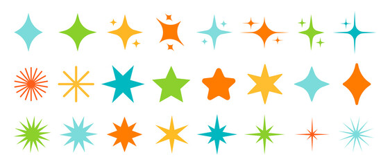 Sparkles stars shapes icons collection. Decorative twinkles and bursts forms. Abstract shining and sparkling flash forms. Decorative glowing light effects. Geometric graphic elements