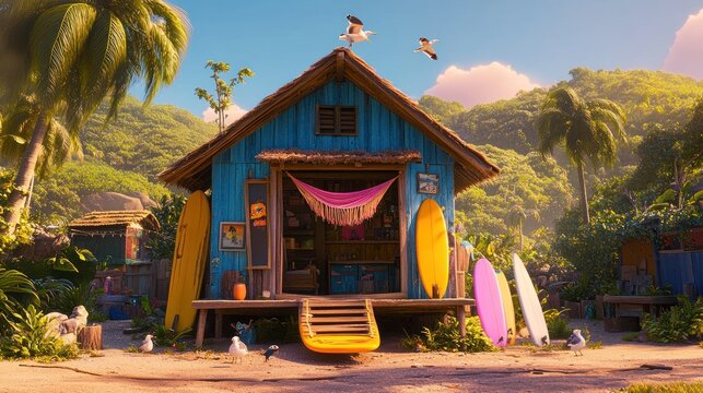 Colorful beachside hut with surfboards