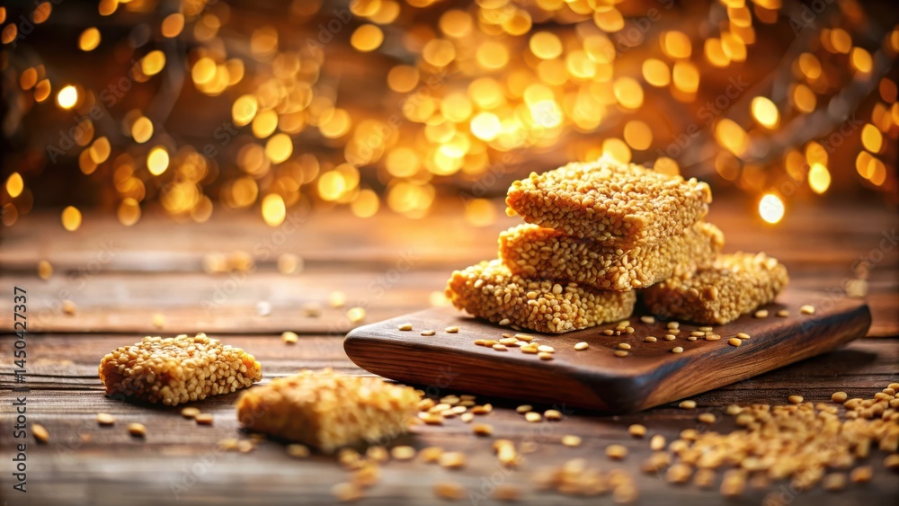 Aufkleber golden sesame seed bars on rustic wooden tabletop with warm bokeh lights