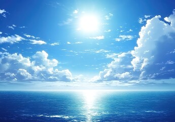 Realistic photography of a blue sky with white clouds, a bright sun, and a blue sea with sparkling waves