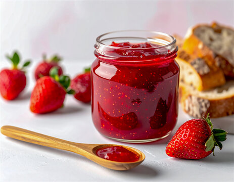 Homemade Strawberry Jam in Glass Jar &ndash; Fresh and Sweet Spread, Mermelada Casera de Fresa en Frasco de Vidrio &ndash; Untable Dulce y Fresco, Generated image