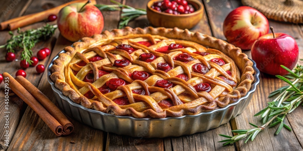 Poster a homemade lattice-crust apple pie with fresh cherries and cinnamon sticks on a rustic wooden table