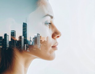 Artistic double exposure showing a woman thoughtful profile merged with a glowing city skyline, symbolizing ambition, vision, and modern life.