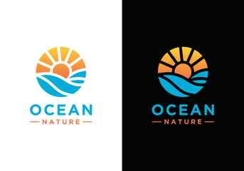 Ocean wave vector logo design. Simple ocean logo vector with sunrise or sunset combination	
