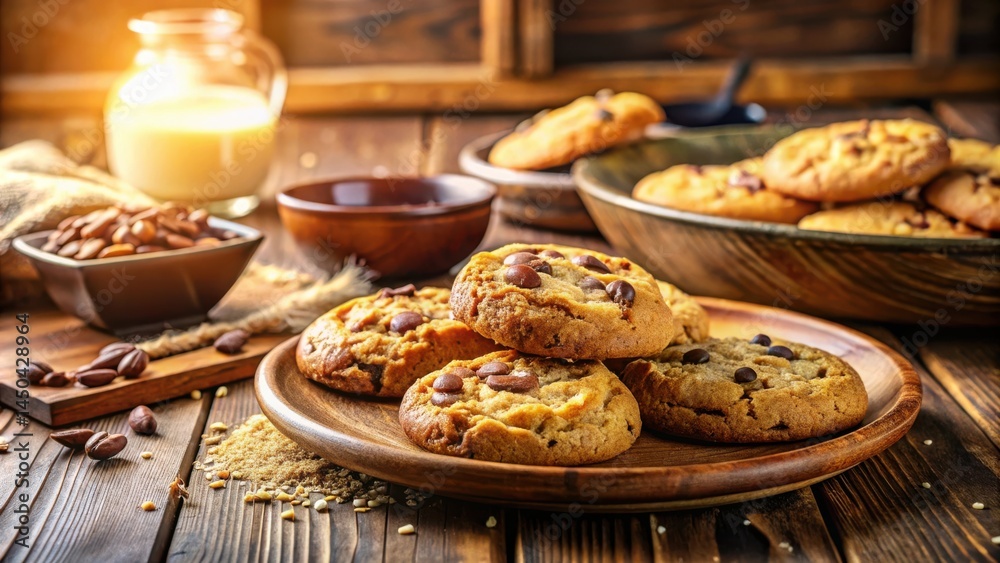 Poster golden brown chocolate chip cookies on a rustic wooden table with milk and almonds in the background