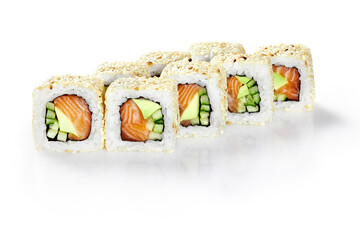 Delicious sushi rolls with salmon, avocado, and cucumber sprinkled with sesame seeds on white background