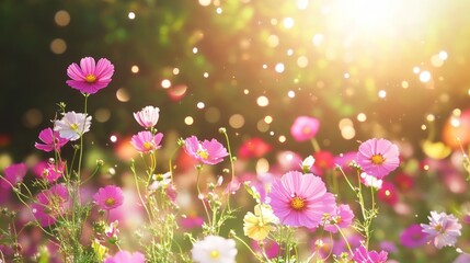 Fototapeta premium Vibrant cosmos flowers in sunny field soft focus bokeh
