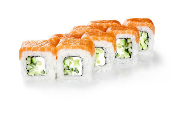 Philadelphia uramaki sushi rolls with salmon, cream cheese and cucumber on white background