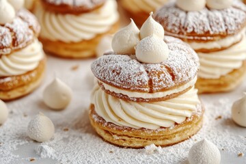 Delicious cream-filled pastries dusted with powdered sugar, beautifully arranged for dessert