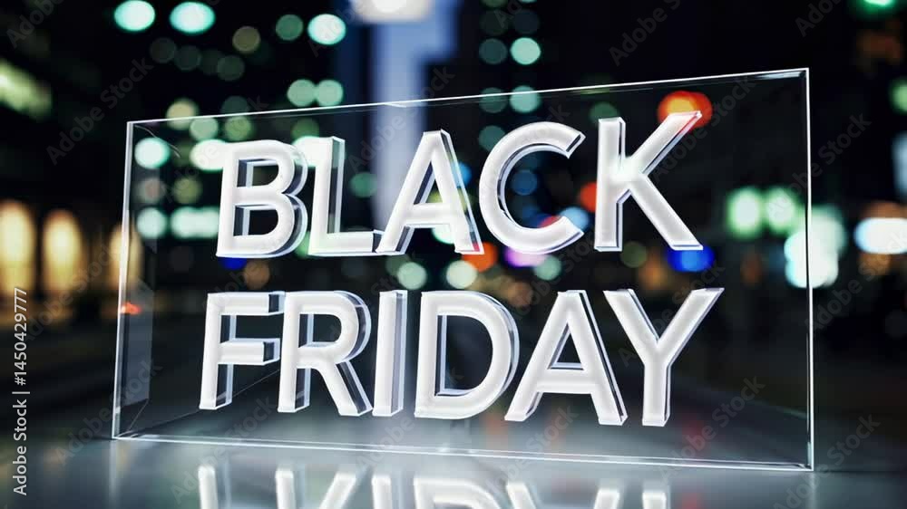 Poster black friday glowing promotional sign floating inside transparent glass box, reflecting on sleek sur