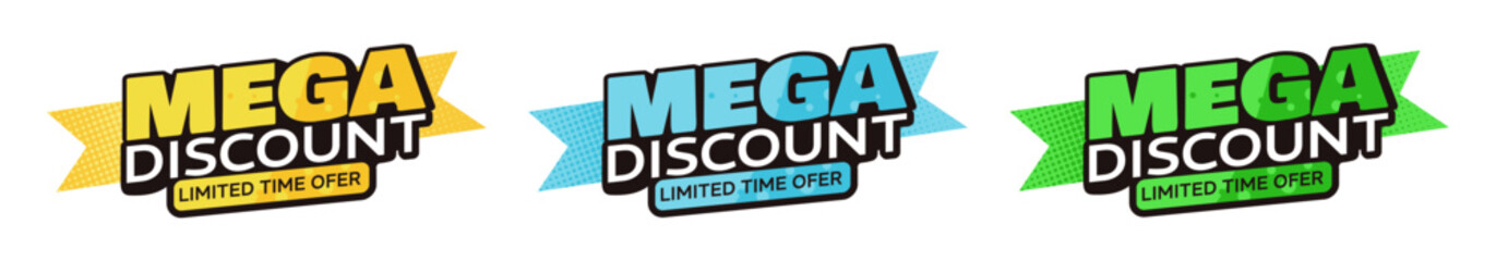 Mega Discount, Limited Time Offer – Sticker Label, Yellow, Blue and Green – Vector Illustration