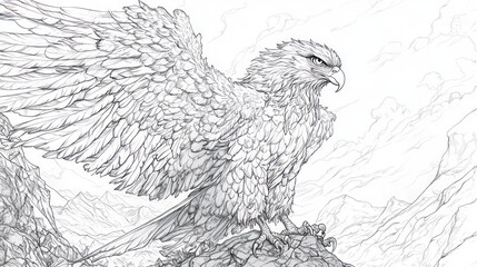 Detailed line drawing of a majestic eagle soaring above mountain peaks