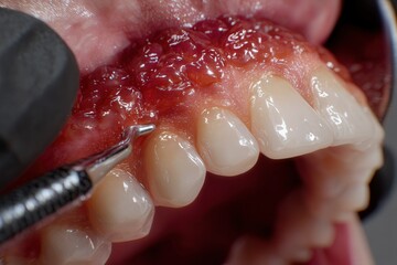 Obraz premium Close-up of a dental procedure with detailed view of gum and teeth.