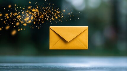 Golden envelope levitating with sparkling lights