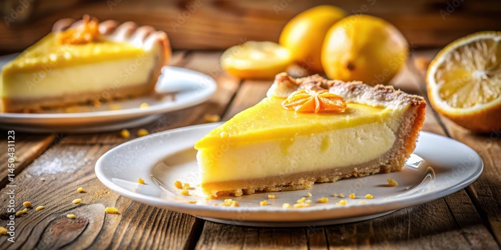 Aufkleber a slice of creamy lemon cheesecake with a citrus zest topping on a rustic wooden table