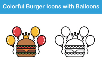 Colorful Burger Icons with Balloons Celebration Food Vector