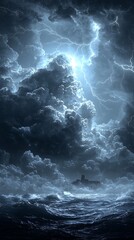 Stormy seascape, lightning strikes
