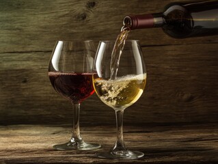 Wine being poured into two glasses, one red and one white, on a rustic wooden surface