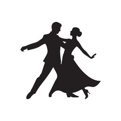 Silhouette of a man and woman ballroom dancing in formal attire on white background