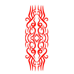 Intricate Red Tribal Pattern Design with Symmetrical Curves and Spirals on a White Background