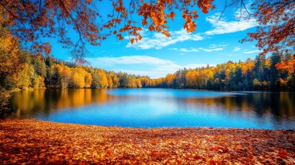 Autumn lake reflection with colorful foliage
