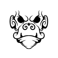 Intricate black and white illustration of a mythical creature's face with swirling patterns