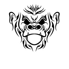 Tribal gorilla face design in black and white, showcasing intricate patterns and fierce expression