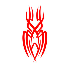 Abstract red tribal design featuring symmetrical patterns and sharp angles against a white background