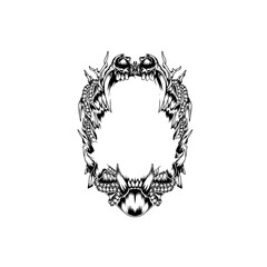 Intricate black and white illustration of skulls and claws framing a blank space for creative use