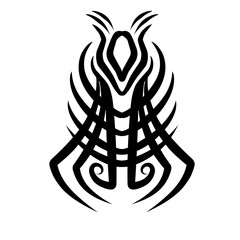 Abstract black and white illustration featuring intricate swirling lines resembling a mythical creature