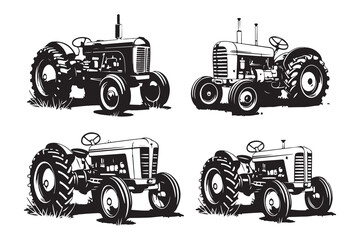 Farm Tractor and Trailer Vector Collection - Agricultural Equipment Icons