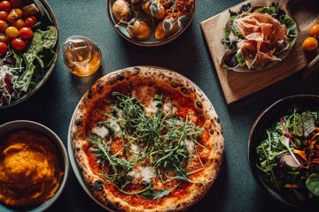 An enticing overhead view of a pizza and various side dishes on a dark table setting.