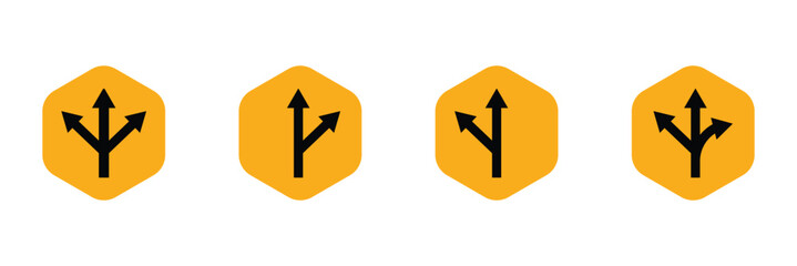 Set curve turn right left forward backward go yellow degree loop road traffic warning sign icon. exclamation, hazard sign symbol logo design for web mobile isolated white background illustration. Eps 