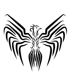 Stylized black and white illustration of a phoenix with intricate wing patterns soaring upward
