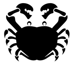 Black silhouette of a crab with raised claws, set against a white background, ideal for marine themes
