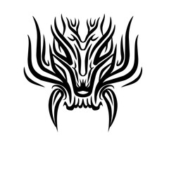 Intricate black tribal dragon design with sharp lines and stylized features on a white background