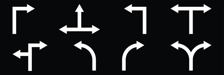 Road traffic direction arrows flat set. You-turn, left, right, two way, three way transportation direction arrow symbol.