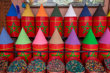 Beautiful shop display with colorful; rose flowers in the streets of marrakesh marokko
