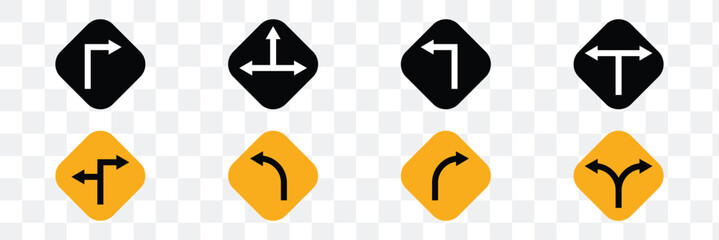 Traffic warning signs, go straight, turn right, turn left, traffic symbols.