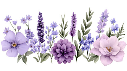 Purple flowers set. Lavander, orchid, dahlia, bluebell and rose. Violet Flora watercolor botanical hand drawing clipart