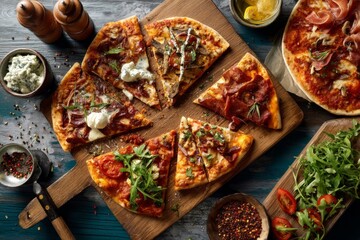 Various flavorful pizzas, artfully sliced and arranged on wooden boards, ready for sharing and eating.