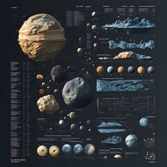 Detailed illustration of celestial bodies, planets, asteroids, and space debris, complete with accompanying data.  Different sizes and textures of cosmic objects displayed