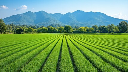 Lush green fields stretching to mountains under a clear sky